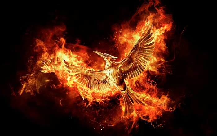 The Mockingjay from The Hunger Games in flames