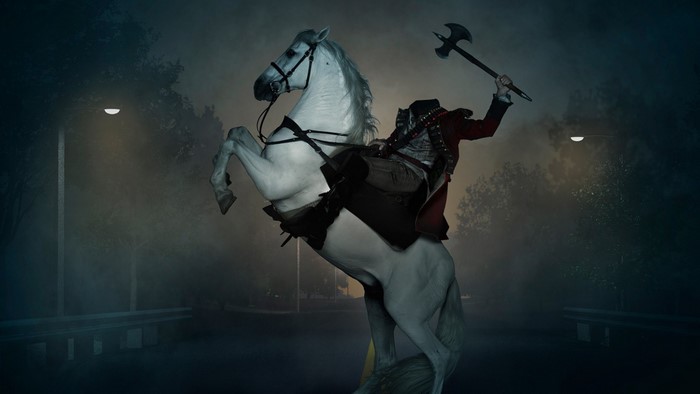 Headless Horseman from Sleepy Hollow on a white horse