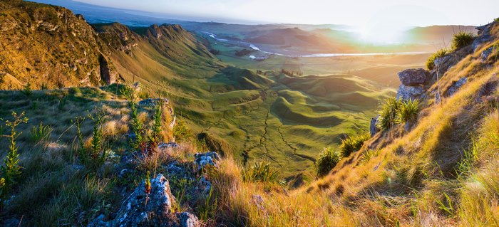 Green valley with river at sunrise from mountain