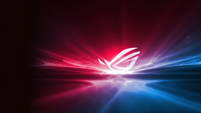 Republic of Gamers logo with abstract red and blue lights