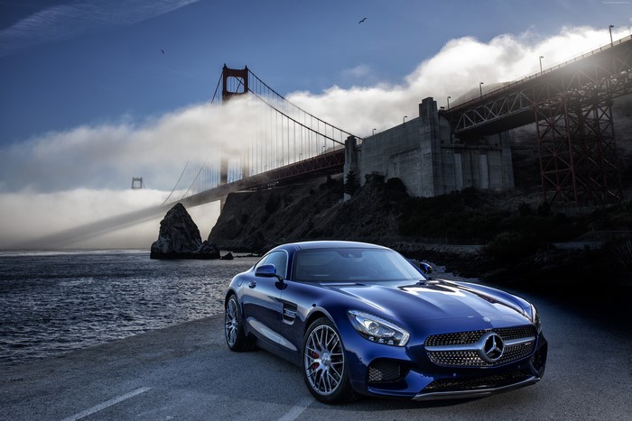 Blue Mercedes-AMG GT S parked near Golden Gate Bridge
