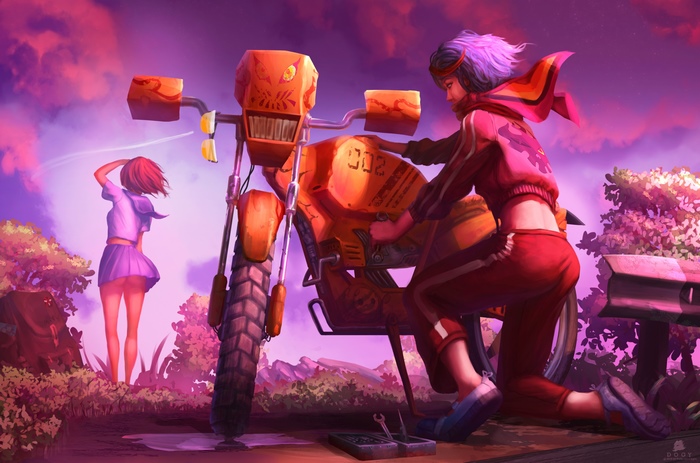 Anime girls with a motorcycle at sunset