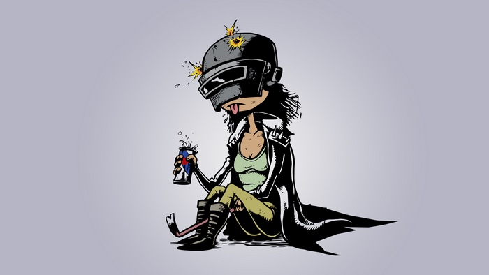PUBG character with helmet and crowbar holding energy drink