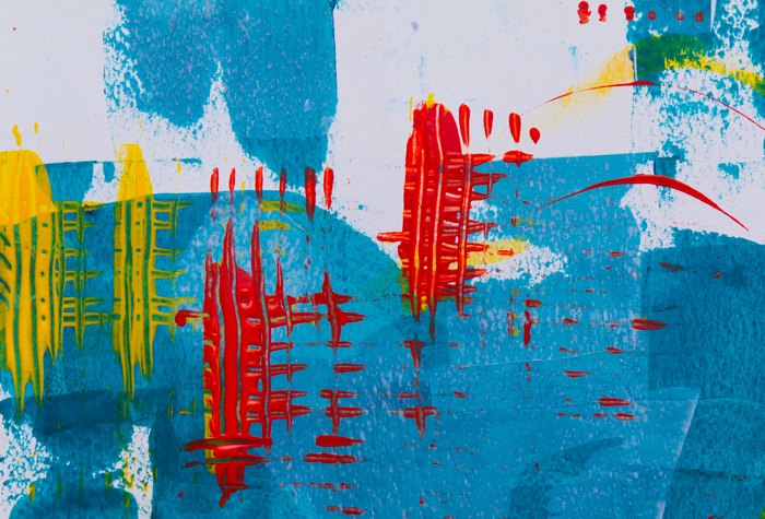 Abstract painting with blue, red, and yellow colors