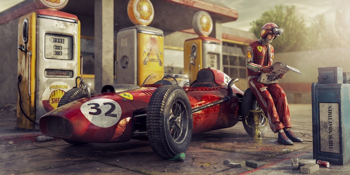 Ferrari Formula 1 car with driver at a vintage Shell gas station