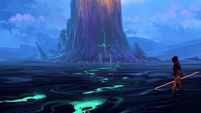 Figure with glowing staff in a desolate alien landscape