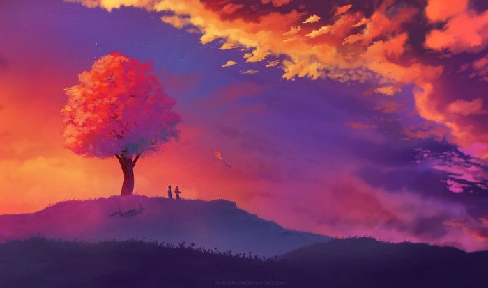 Couple flying a kite at sunset