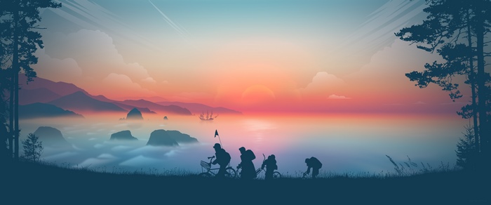 Sunset Silhouettes of Bicyclists Over Misty Landscape 4K