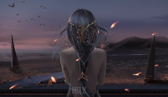 Fantasy girl with ornate hair accessory at dusk