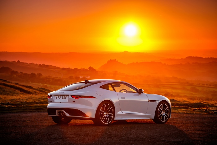 White Jaguar F-Type Coupe at Sunset