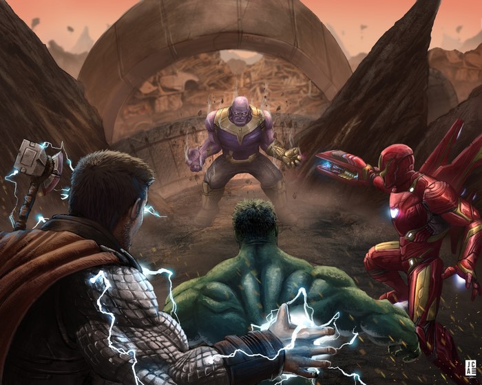 Thanos battles Iron Man, Thor, and Hulk