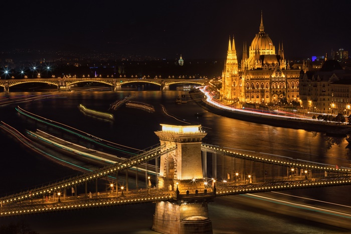 Budapest at Night with Bridges and Parliament Building