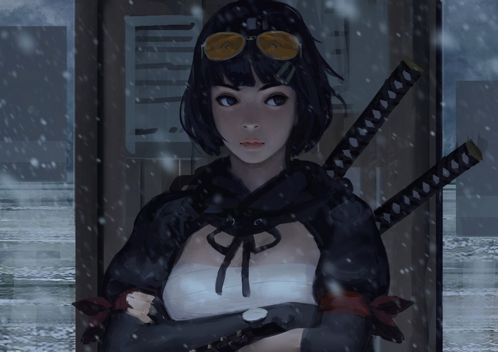 Woman warrior with swords in snow