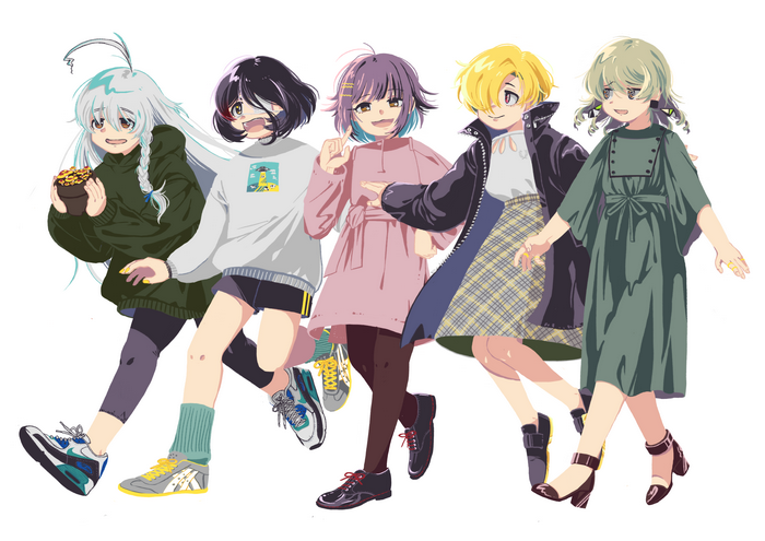 Five girls in casual outfits walking together