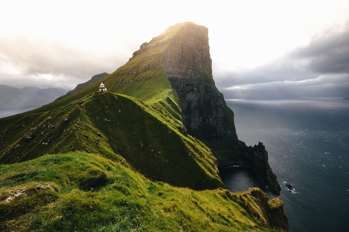 Lighthouse on a green cliff overlooking the ocean in the Faroe Islands