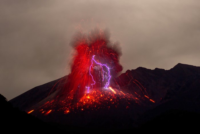Sakurajima Volcanic Eruption with Lightning at Night