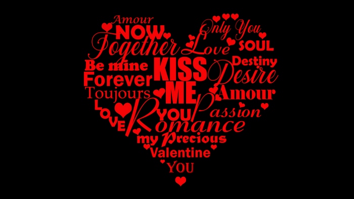 Red Heart Word Cloud with Romantic Love Words