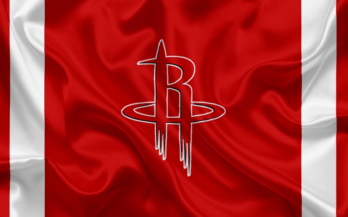 Houston Rockets logo on a red and white flag