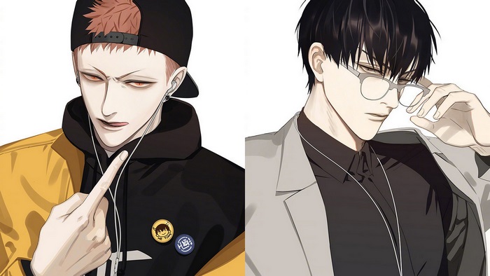 Two Stylish Young Men with Earphones and Serious Expressions