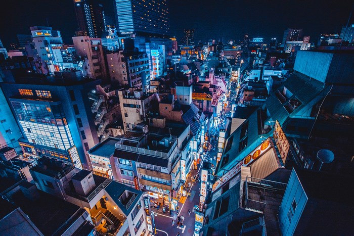 Nighttime cityscape of Tokyo with neon lights