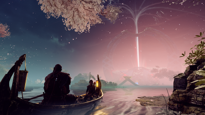 Kratos and Atreus in a boat from God of War