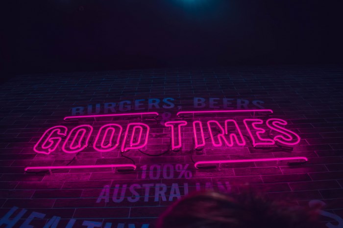 Neon sign for Burgers, Beers, Good Times in Melbourne, Australia