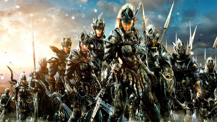 Elven warriors in armor with spears and bows