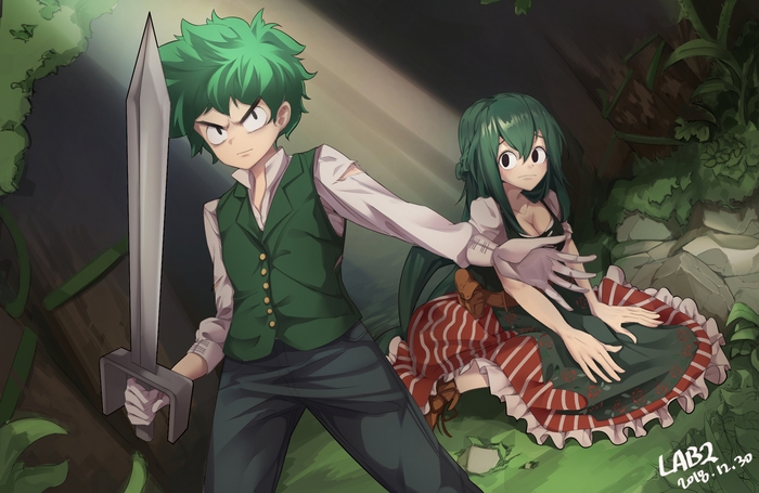 Izuku Midoriya and Tsuyu Asui with a sword in a forest