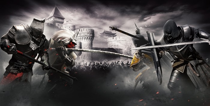 Warriors in Armor Fighting Near a Castle in Conqueror's Blade