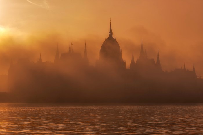 Foggy Sunrise over Budapest Parliament Building