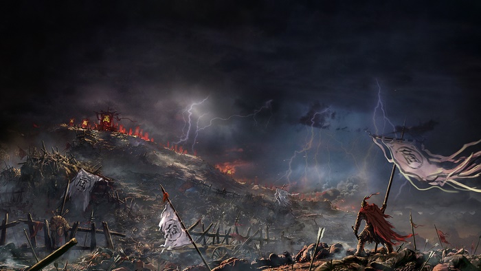 Battle scene with warrior and banners under lightning storm