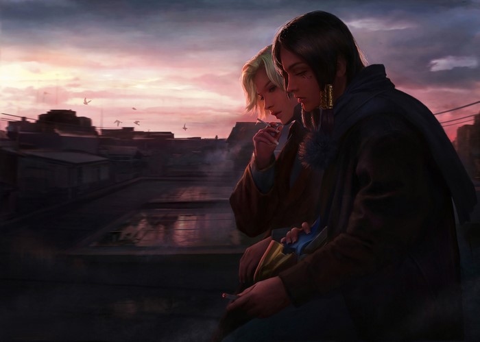 Mercy and Pharah from Overwatch smoking on a rooftop