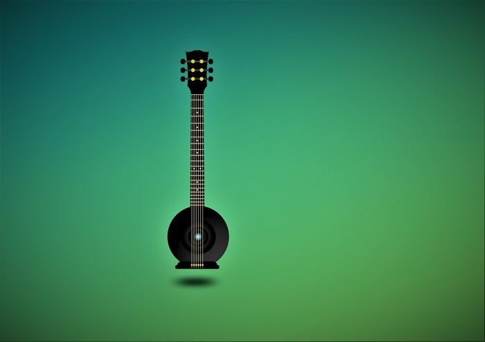 Black guitar with a circular body on a green gradient background