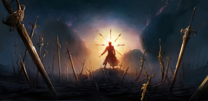 Warrior surrounded by swords with glowing light