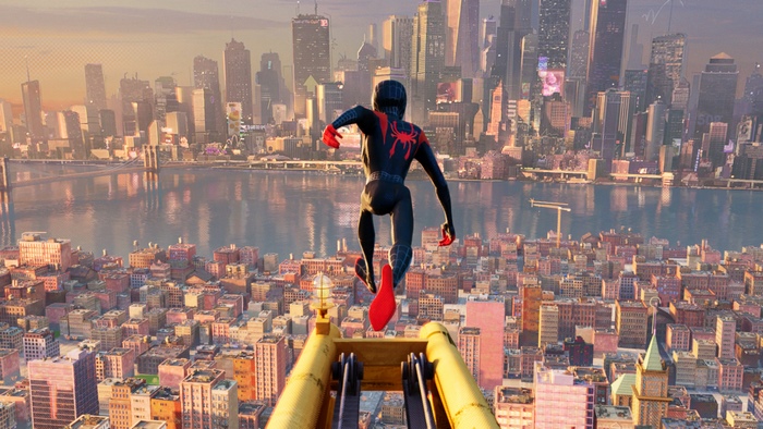 Spider-Man (Miles Morales) jumping over a city