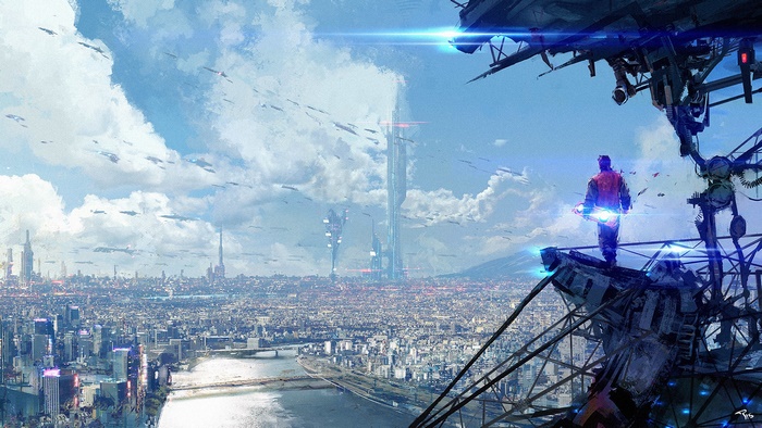 Futuristic Cityscape with Flying Vehicles and a Man