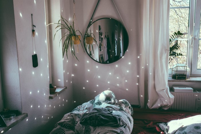 Bedroom with hanging plants, mirror, and disco ball