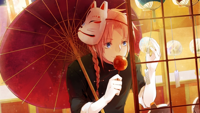 Kamui from Gintama with a fox mask and candy apple
