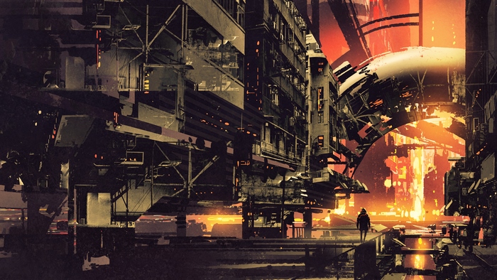 Cyberpunk Cityscape with a lone figure