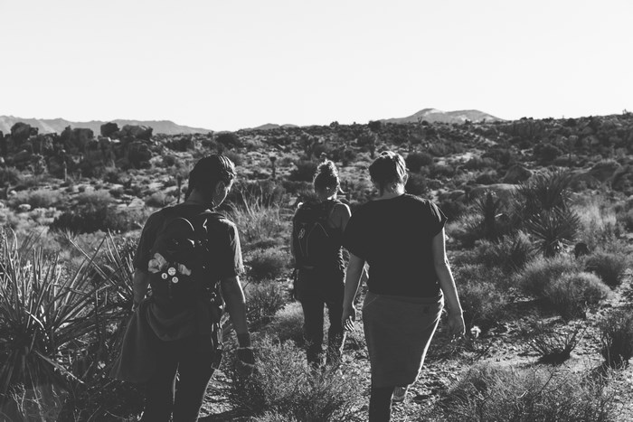 Three people hiking in a desert landscape