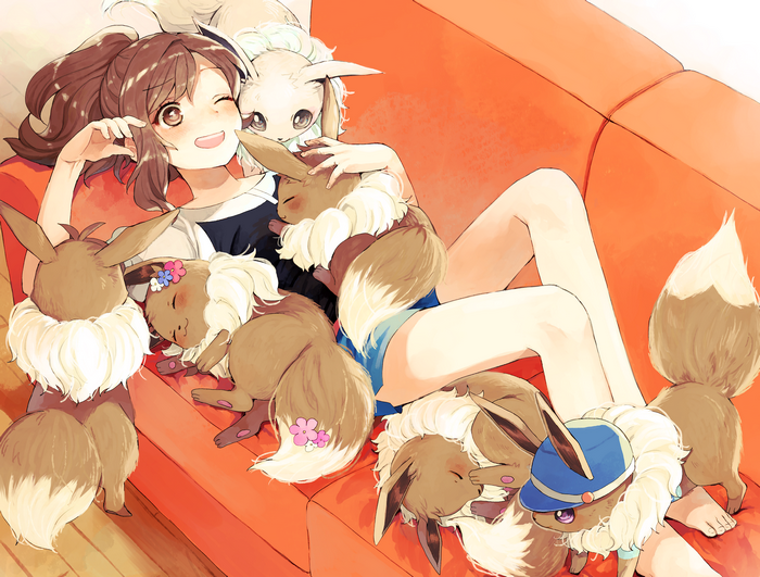 Elaine Relaxing on Couch Surrounded by Eevee Pokémon