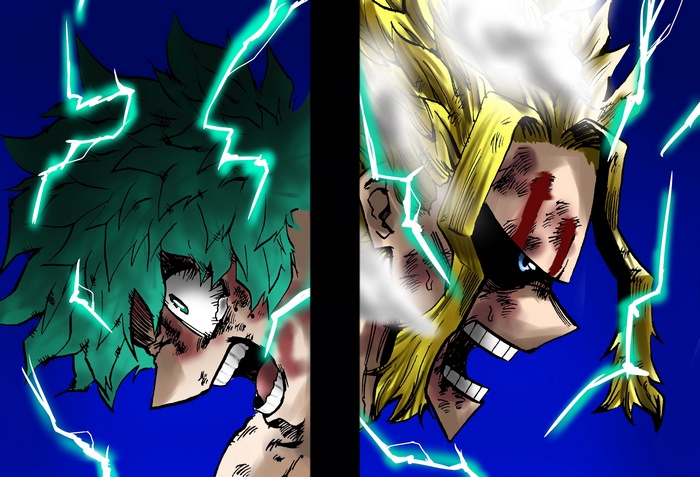 Izuku Midoriya and All Might with lightning