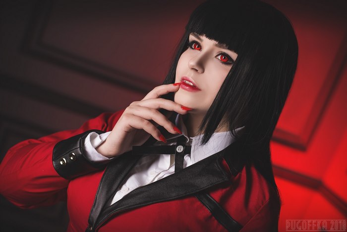 Yumeko Jabami with Intense Gaze in Red Uniform