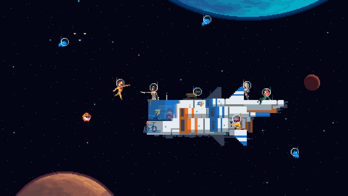 Pixel Art Astronauts on a Spaceship in Space