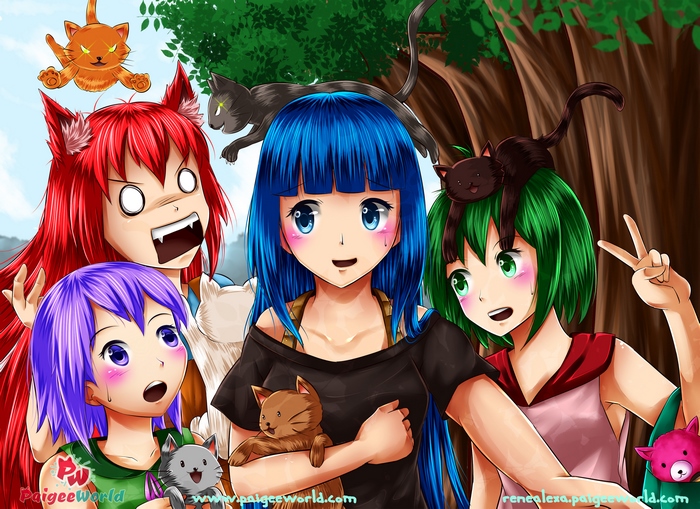 Anime girls with cat ears and cats in a forest