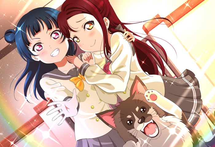 Yoshiko Tsushima and Riko Sakurauchi with a dog