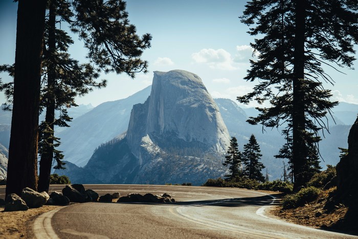 Half Dome in Yosemite National Park with a winding road