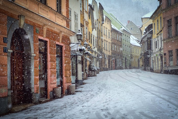 Snowing on a street in Ljubljana