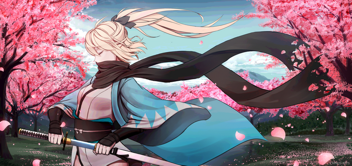 Okita Souji with Katana under Cherry Blossoms