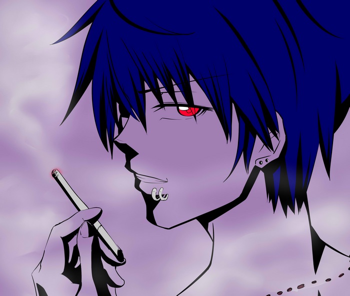 Anime boy with blue hair smoking a cigarette
